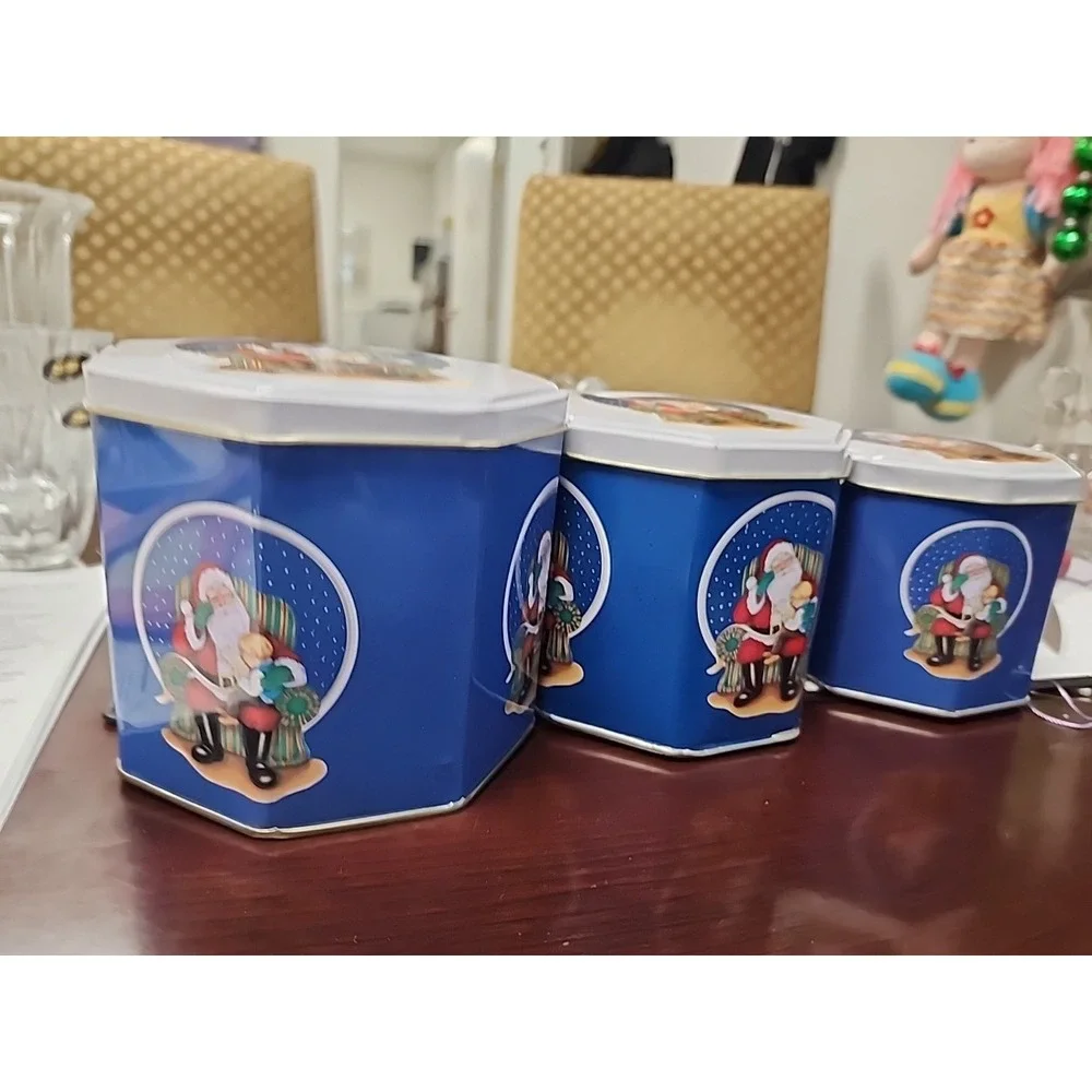 3 Pc 1997 Chadwick-Miller SANTA w/CHILD ON LAP Nesting Tin Containers. Octagonal - Picture 2 of 8